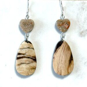 2/$20, Zebra Jasper Unakite Stone Heart Earrings,Gemstone & Sterling Silver Hook